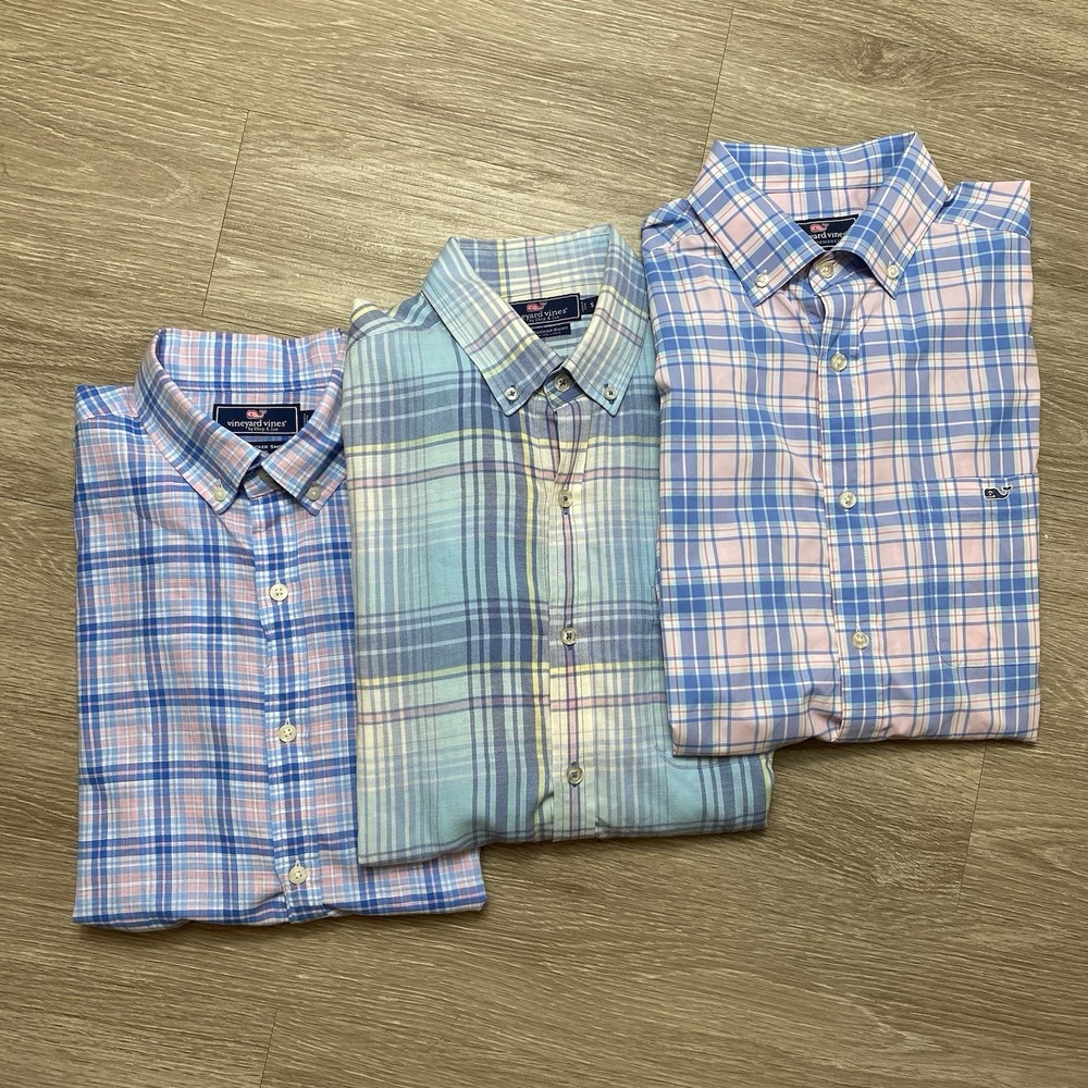 Vineyard Vines Slim Fit Tucker Shirt Mens S Coastal Plaid Long Sleeve Linen